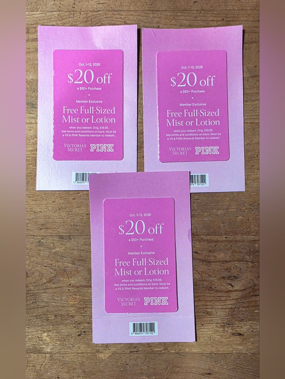 Victoria’s Secret Coupon Lot Of 3 - $20 off $50 PLUS 3 Full Size Mist or Lotion